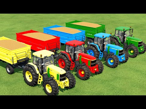 TRANSPORTING & HARVESTING WHEAT w/ JOHN DEERE TRACTORS & COLORED TRAILER ! Farming Simulator 22