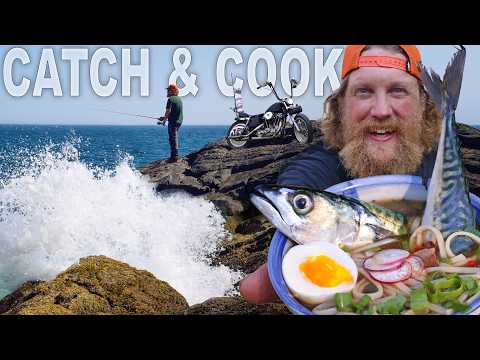 Ramen Catch and Cook, Ocean Side Cliff Fishing | Day 6 of 7 Motorcycle Camping Maine Easy Rider