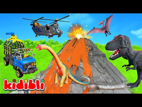 Sauvetage de Jouets Dinosaures 🦕 Hélicoptère Sauve les Dinos avant Éruption du Volcan | Kidibli