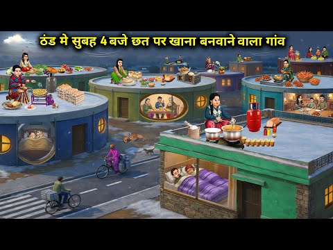 ठंड मे सुबह 4 बजे छत पर खाना बनवाने वाला गांव || A Village  Cook Food Roof Top Cold || Cartoon Video