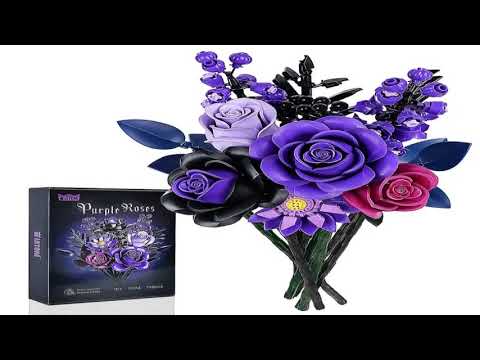 BuildMOC Purple Rose Botanical Building Block Set,Gothic Decor Artificial Rose Flower Bouq