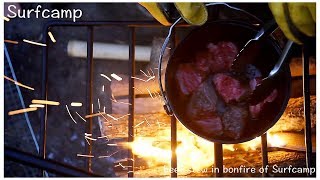 サーフィンした後、キャンプイン！焚き火でビーフシチューを作ってみた/ I made beef stew in bonfire of surf camp