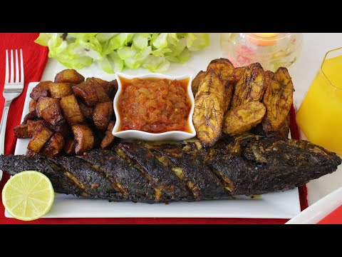 A Tasty Authentic Cameroonian Style Oven Grilled Fish with Grilled & Fried Plantain and Side Sauce.