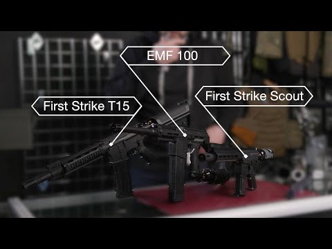 Planet Eclipse EMF100, First Strike T15 Magfed Paintball Gun, FS Scout Sniper Rifle Comparison video