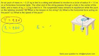 an air puck of mass 0.25kg is tied to a string