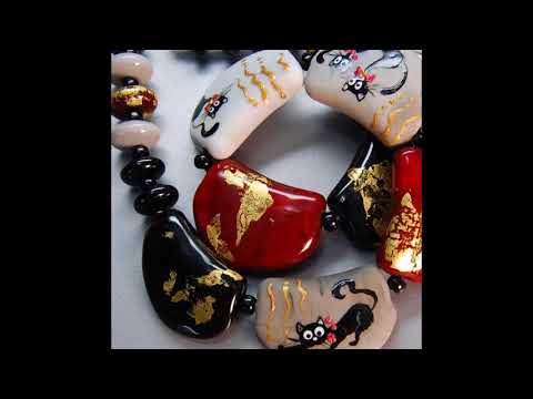 TRIZAS-ORIGINAL, Handmade glass Lampwork beads, "Cats and gold"