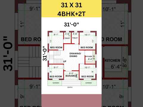4 bed room village home plan in 31x31 feet, 31 by 31 makan ka naksha #shorts #homeplan #gharkadesign