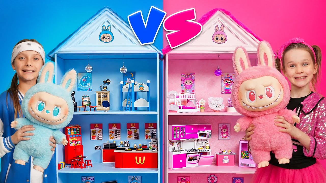 Pink vs Blue DIY Dollhouse Challenge for Labubu Toys with Stephi and Eva