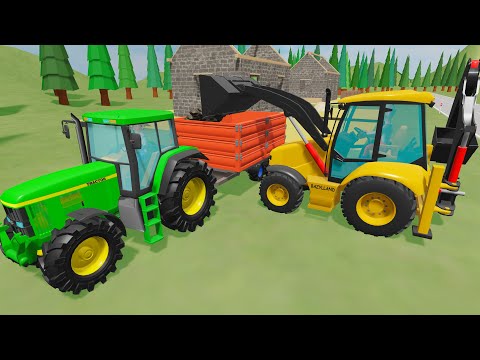 Tractor and Backhoe Loader - Animated Farm with Vehicles and House Building - Excavator for Kids
