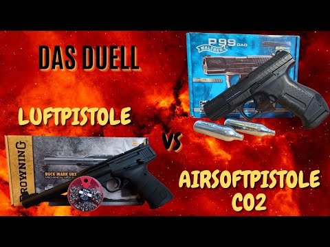 VS Duell - Schusstest - CO2 Airsoft Gun vs Luftpistole - Walther P99 DAO vs Browning Buck Mark URX