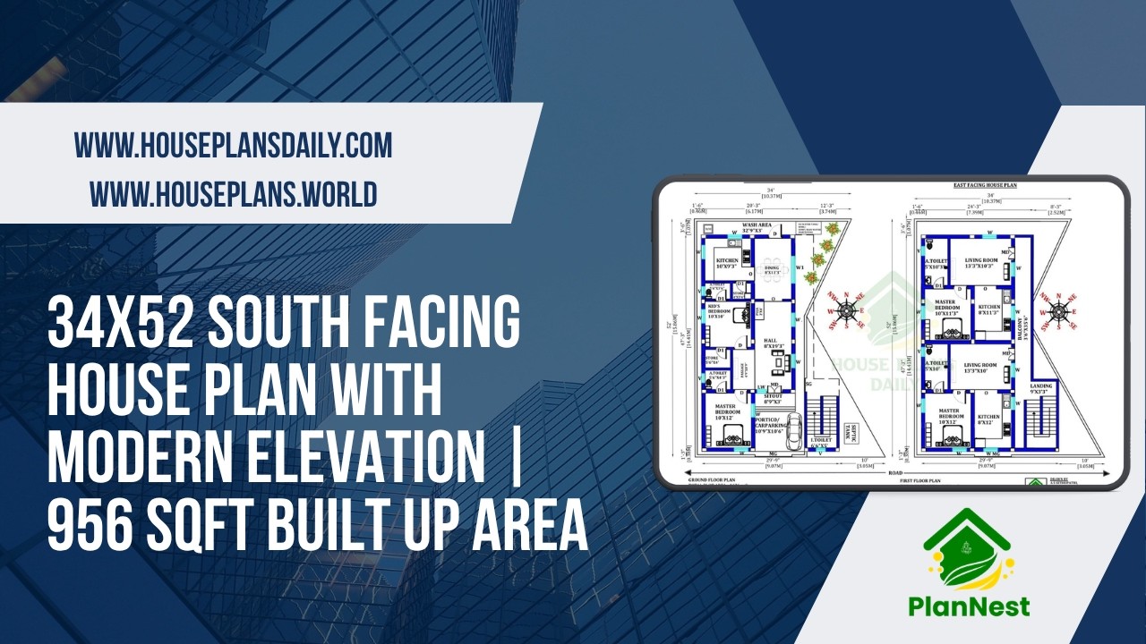 34x52 South Facing House Plan with Modern Elevation 956 Sqft Built Up Area
