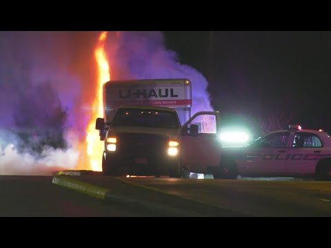 Raw video: Chase near Westpark Tollway ends with U-Haul engulfed in flames, police say