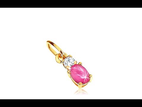 Jewellery - Pendant made of yellow 9K gold - oval dark pink ruby, clear zircon