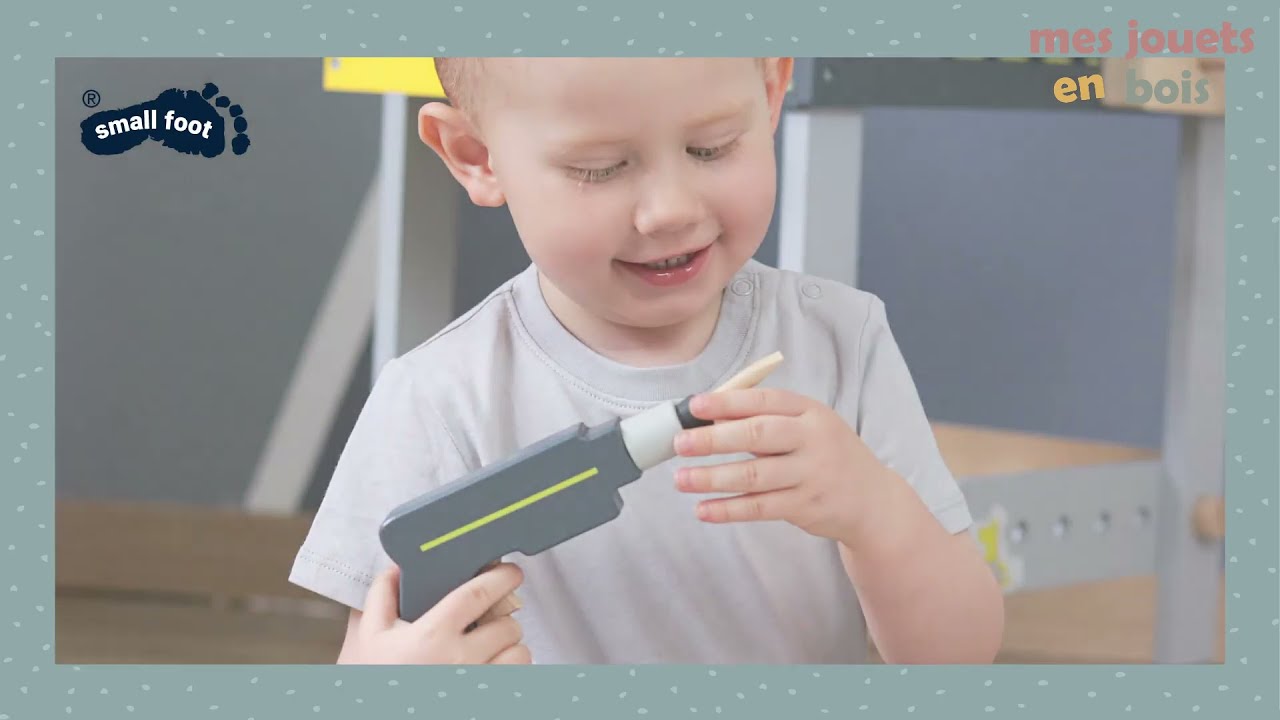 Boîte à outils en bois tendance scandinave pour enfant couleurs gris-jaune