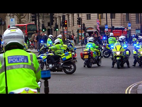 Police motorbikes and traffic cars emergency lights + sirens in London [collection]
