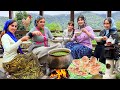 Rainy Village Day Cooking Traditional Ash Reshteh Baking Komaj Bread Over Fire