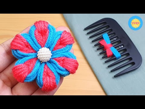 Amazing WOOLEN FLOWER MAKING with Hair Comb - Hand Embroidery Design - NO CROCHET FLOWER
