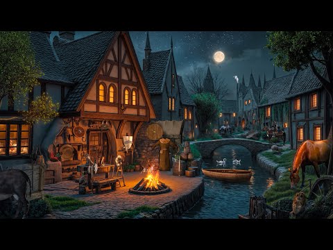 Peaceful Village Medieval Ambience | Relaxing Crackling Fire & Blacksmith, Gentle River, White Noise
