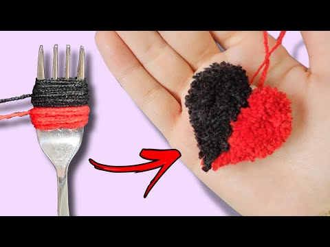 Super Easy Pom Pom Heart Making with Fork - Amazing Craft Ideas with Wool - How to Make Yarn Heart