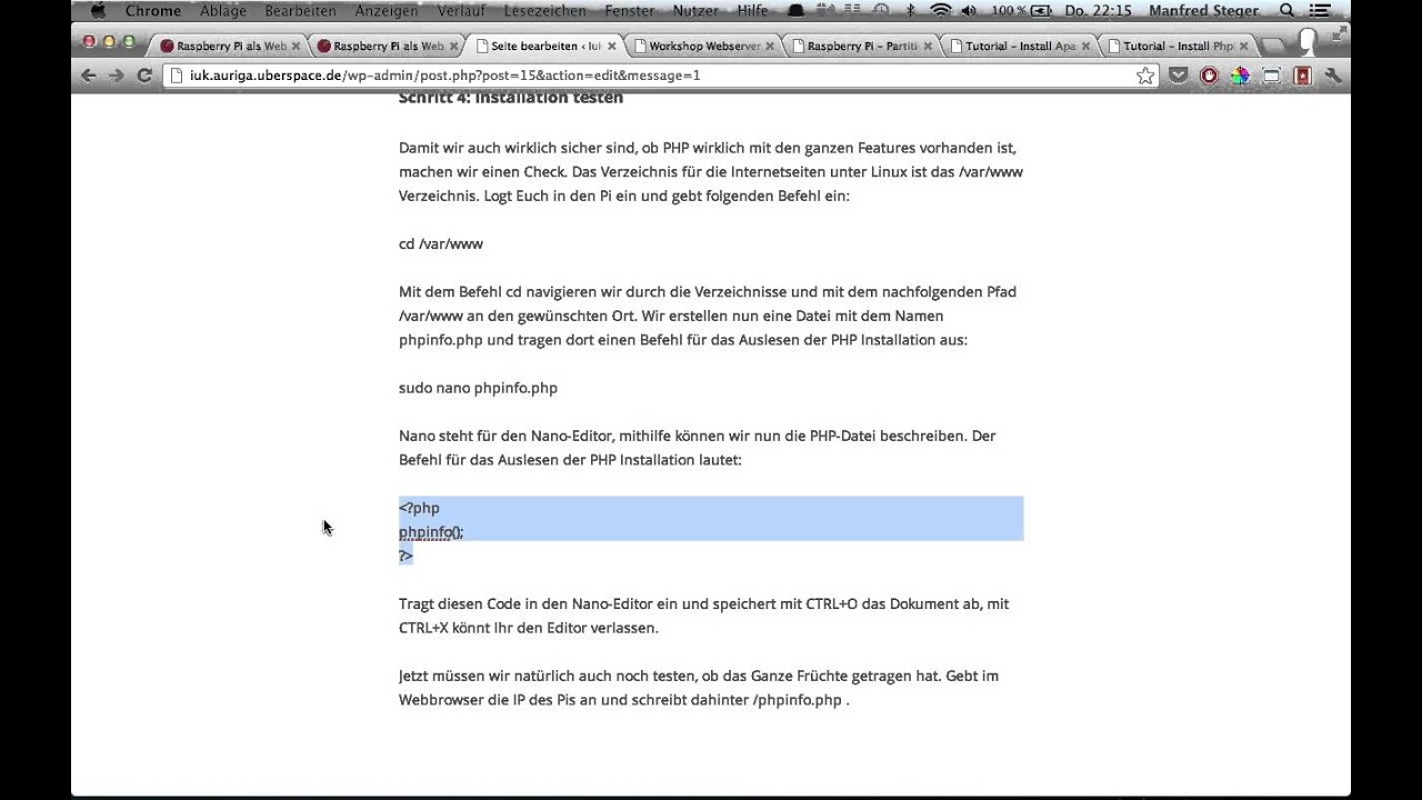 Manfred Steger's Video zum Testen der PHP Installation auf dem Raspberry Pi auf Raspbian OS