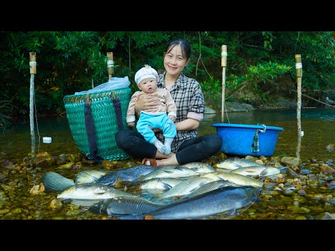 single mother primitive fishing to bring to market and build table for new house. new life future