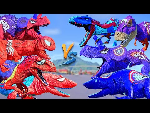 6 BLUE CAPTAIN AMERICA Vs 6 RED & BLUE SPIDER-MAN ! Super Hero Dinosaurs !