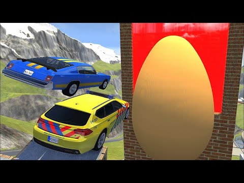 Crazy Vehicle High Speed Jumps Over Giant EGG Through Red Slime Water Wall - BeamNG.drive Jumps