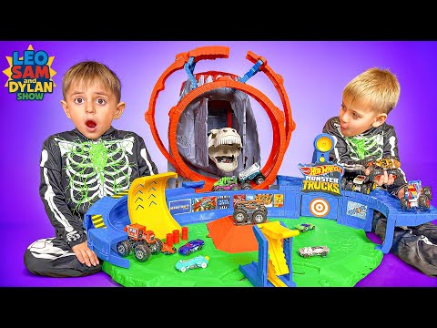 Epic Hot Wheels Monster Trucks T-Rex Volcano Arena Unboxing, Play and Surprises! | Leo Sam & Dylan