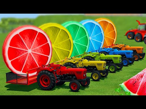 LOAD AND TRANSPORT GIANT ORANGE & WATERMELONS SLICES WITH JOHN DEERE TRACTORS - Farming Simulator 22
