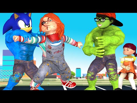NickHulk and SonicHulk vs Zombie Chucky save doll squid game - Scary Teacher 3d Funny Animation