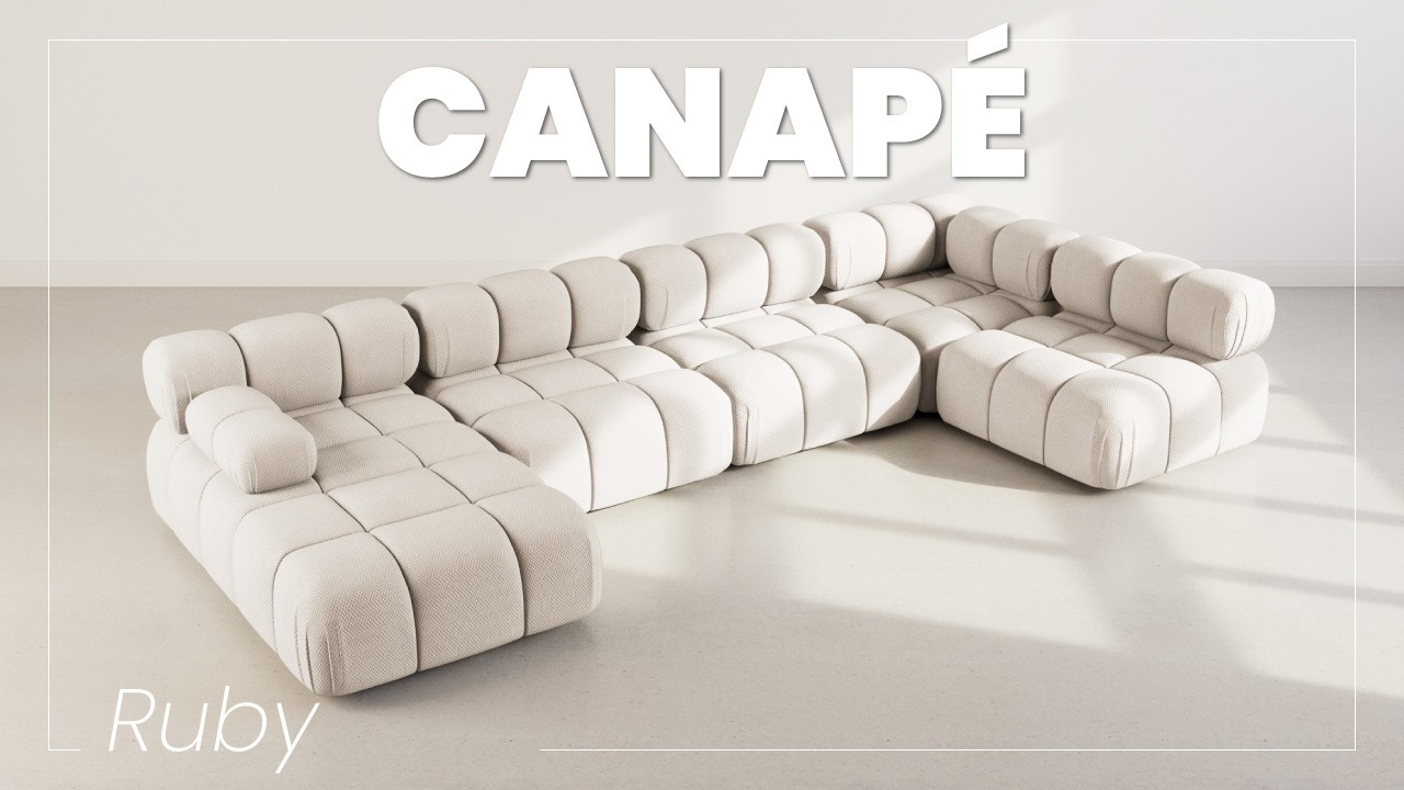 Thumbnail video of the produit Ruby - canapé panoramique modulable d'angle droit 7 places en velours texturé