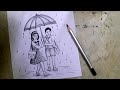 How To Draw Rainy Season Rainy Season Drawing With Pencil How To Draw Boy And Girl Rainy Season