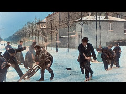 1897 year. Snowball fight colorized in 2021