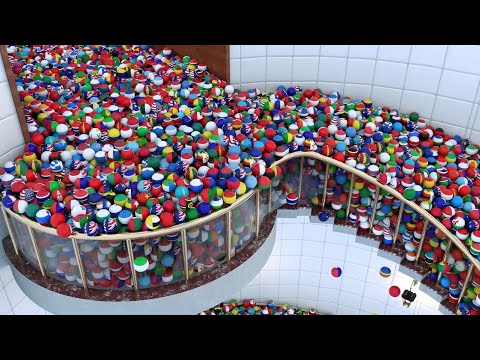 44, 000 national flag balls flow on the spiral stair -- rigid body animation