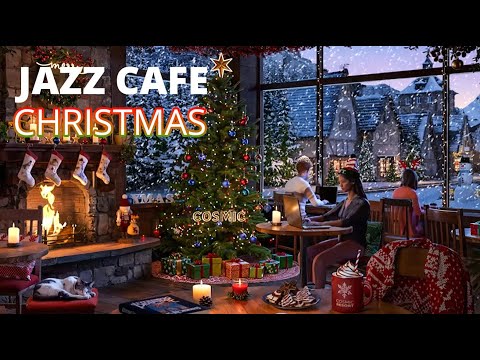 Cozy  Christmas Coffee Shop Ambience with Soft Jazz Christmas Music and Crackling Fireplace Sounds