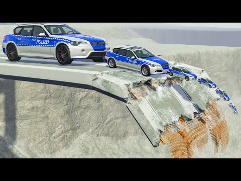 Big & Small Police Cars vs Broken Bridge HELO77 - BeamNG OMDs