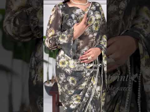 Purple Floral Printed Weightless Marble Saree with Pearl Lace Border