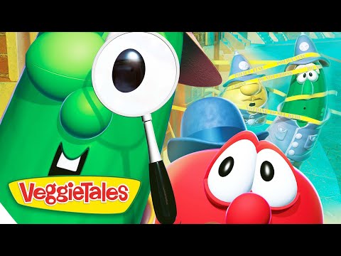 Green VeggieTales character holds a magnifying glass while a red vegetable looks on; yellow police tape in the background.