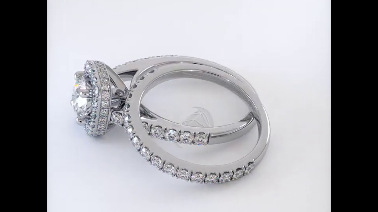 2.50 Carat E-SI1 Diamond Engagement Ring & Wedding Band Set 14k Gold Pave Halo