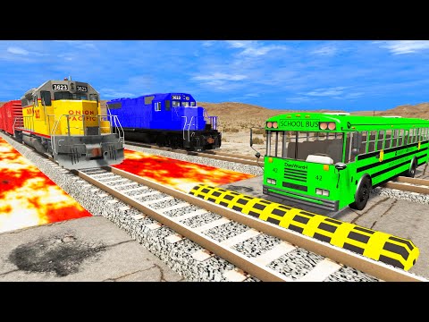 Trains vs Giant Pit deep Lava with Cars vs Giant Volcano - BeamNG.Drive
