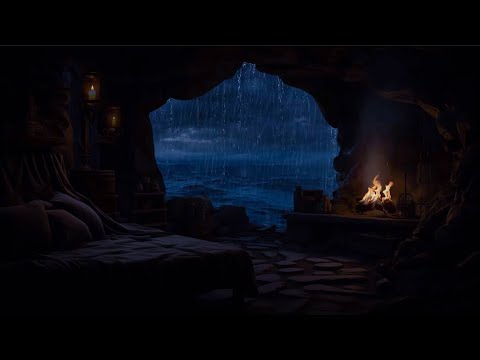 Hide in the Seaside Cave when the Rain & Thunder come⛈️Relax with Waves, Rain &  Campfire sounds????