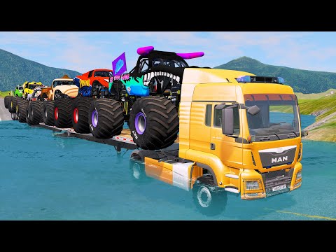 Double Flatbed Trailer Monster Trucks Transport with Slide Color - Cars vs Speed bump - BeamNG.drive
