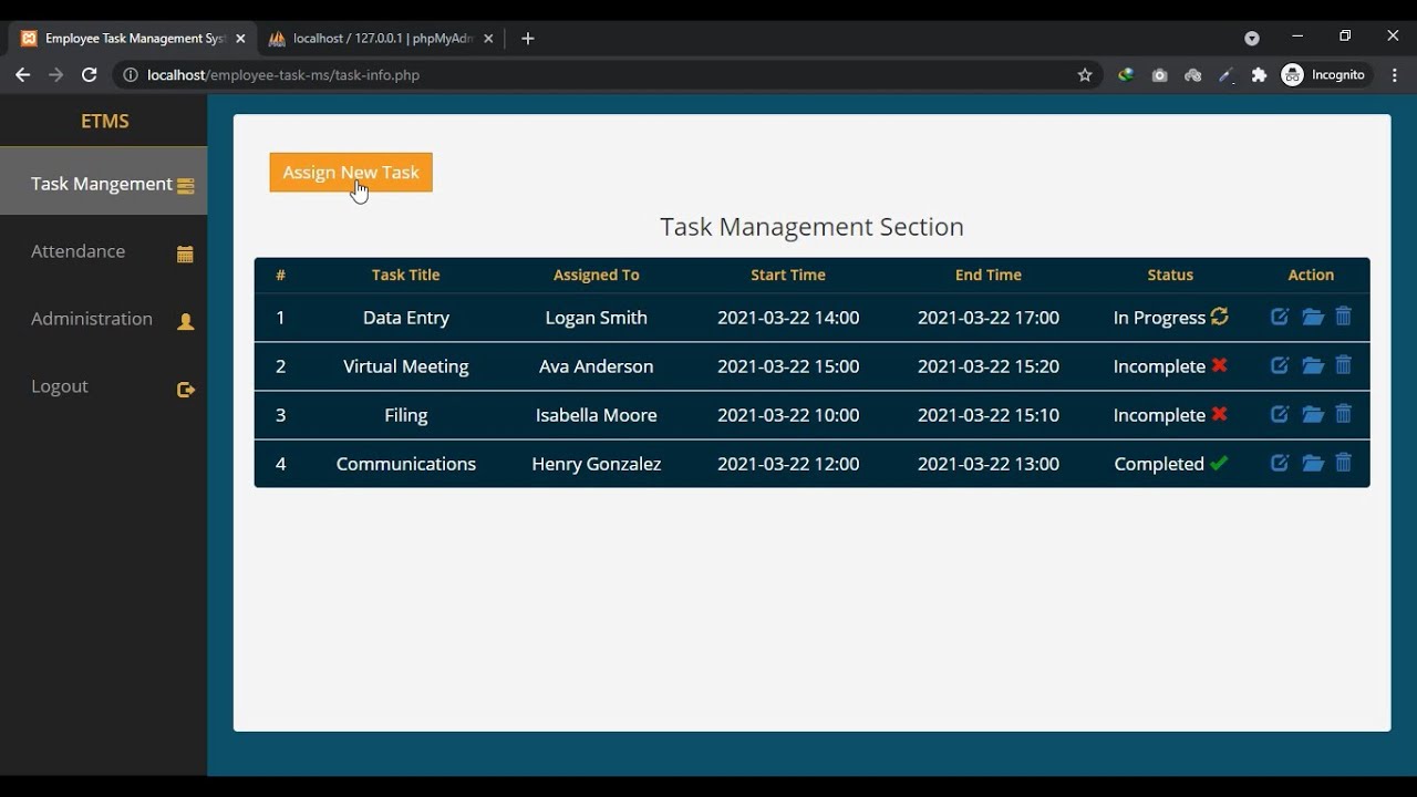 Employee Task Management System in PHP with Source Code - CodeAstro