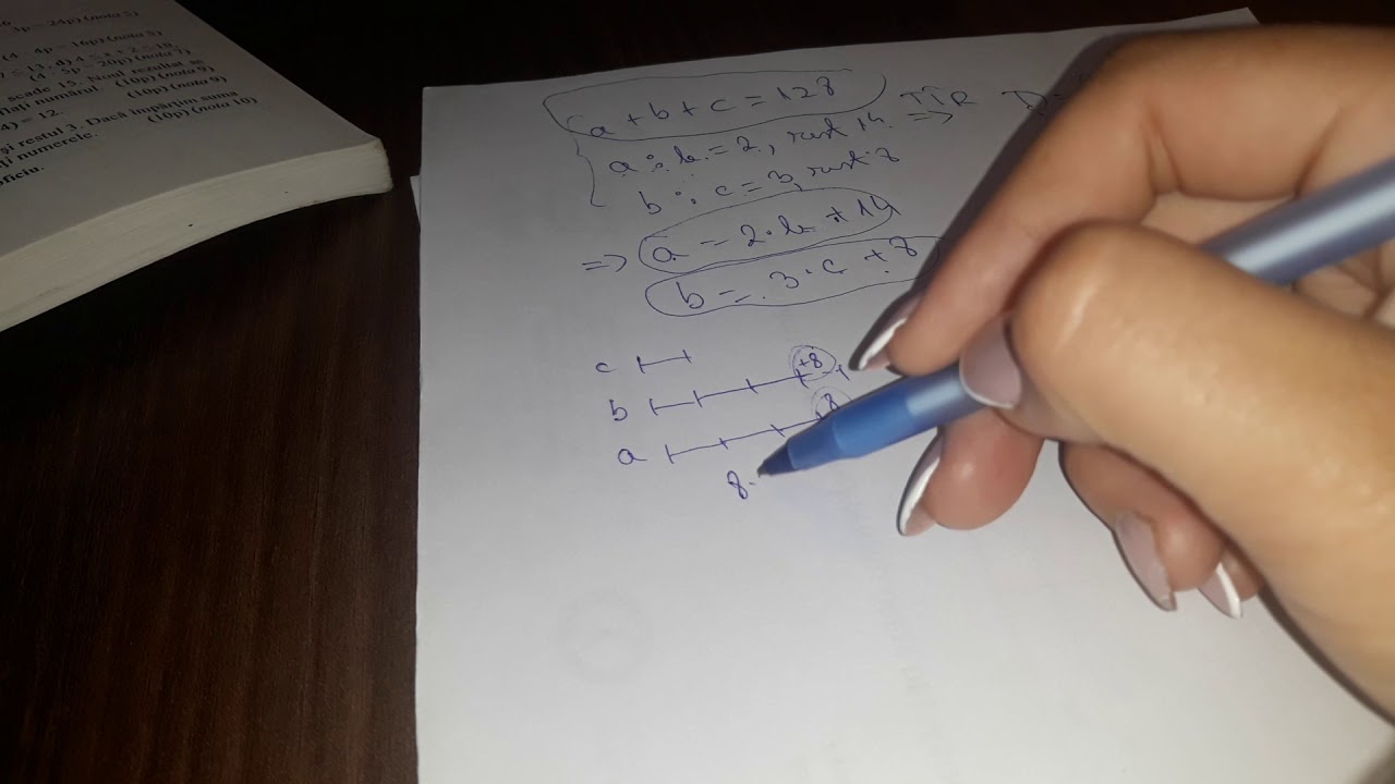 Suma a trei numere este 128. Daca împ?r?im primul nr la al doilea se obtine catul 2 rest 14