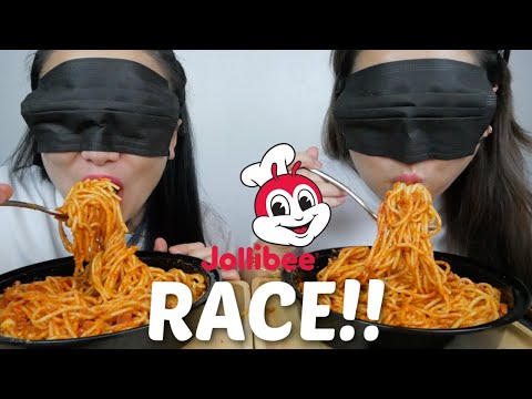 JOLLIBEE Spaghetti RACE Sister Vs. Sister CHALLENGE Mukbang With Bloopers | N.E & SAS ASMR