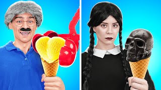 ME VS GRANDPA VS WEDNESDAY COOKING CHALLENGE ❤️ Cute and Spooky Recipes🖤 BY 123 GO!