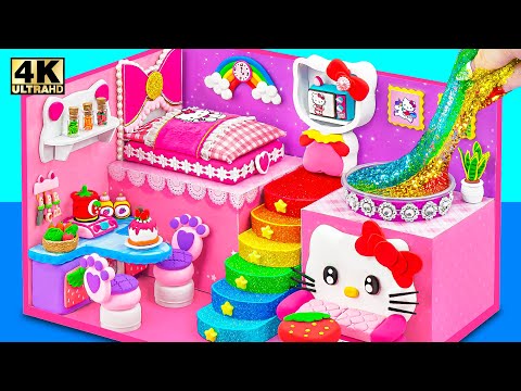 Make Pink Hello Kitty House has Rainbow Stairs, Slime Pool use Cardboard, Clay - DIY Miniature House
