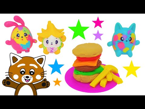 Pukkins gör hamburgare i Play Doh lera - Lek och lär dig färger - Lek med oss