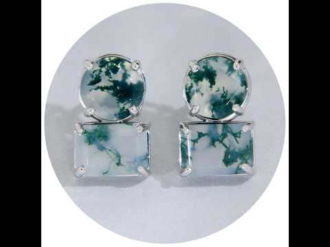 Cercei Stud din Aur 14K Alb Galben sau Roz cu Agat de Muschi Natural | Aspect Organic si Distinct