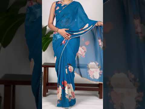 Peach Color Printed Pearl Lace Border Georgette Saree